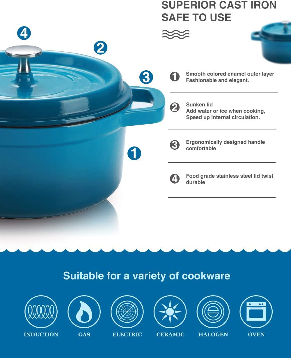 Enameled Cast Iron Dutch Oven with Lid for Non-Stick Bread Baking, 6 Quart, Peacock Blue, Compatible with Gas and Electric Ovens