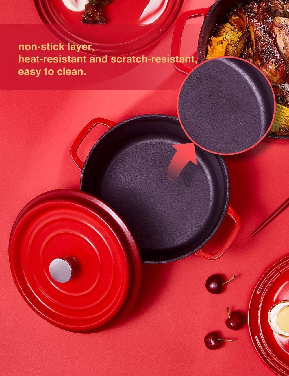 Enameled Cast Iron Dutch Oven Non-Stick Bread Baking Pot with Lid Suitable for Bread Baking Use on Gas Electric Oven 5 Quart, Red