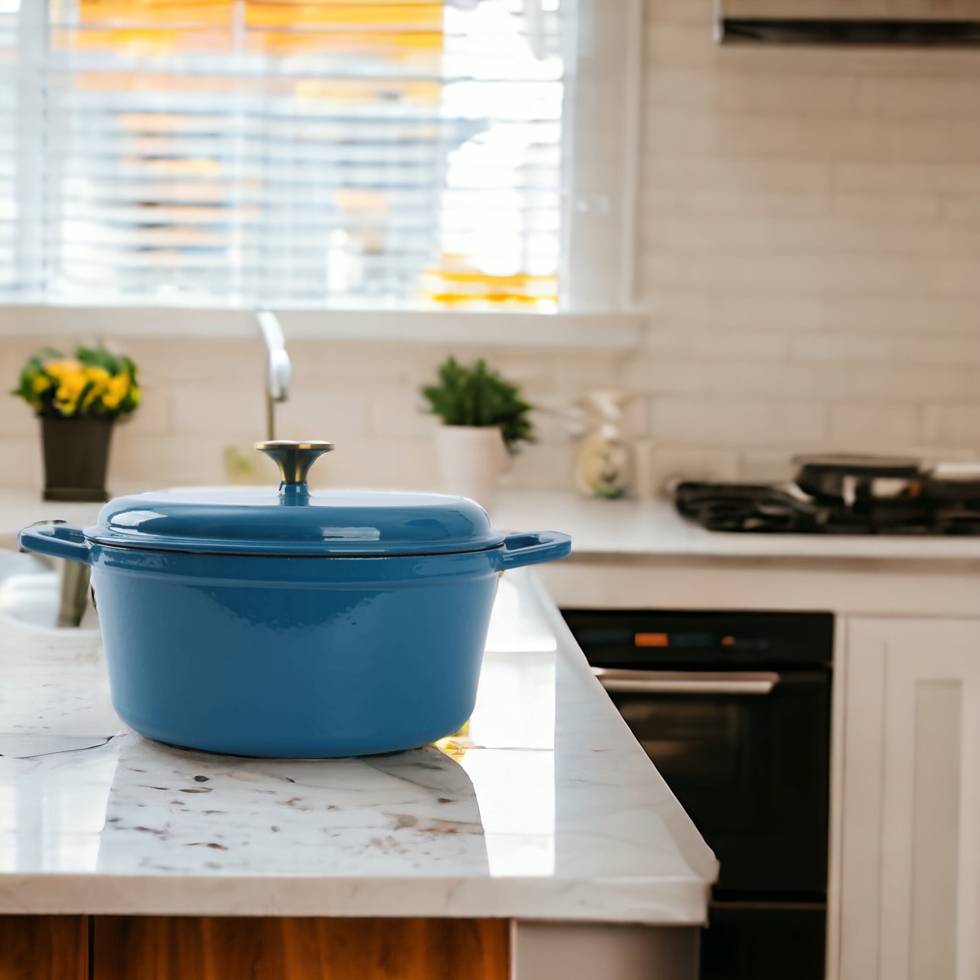 4.75 Qt Oven-Safe Blue Cast Iron Dutch Oven with Ceramic Enamel Finish