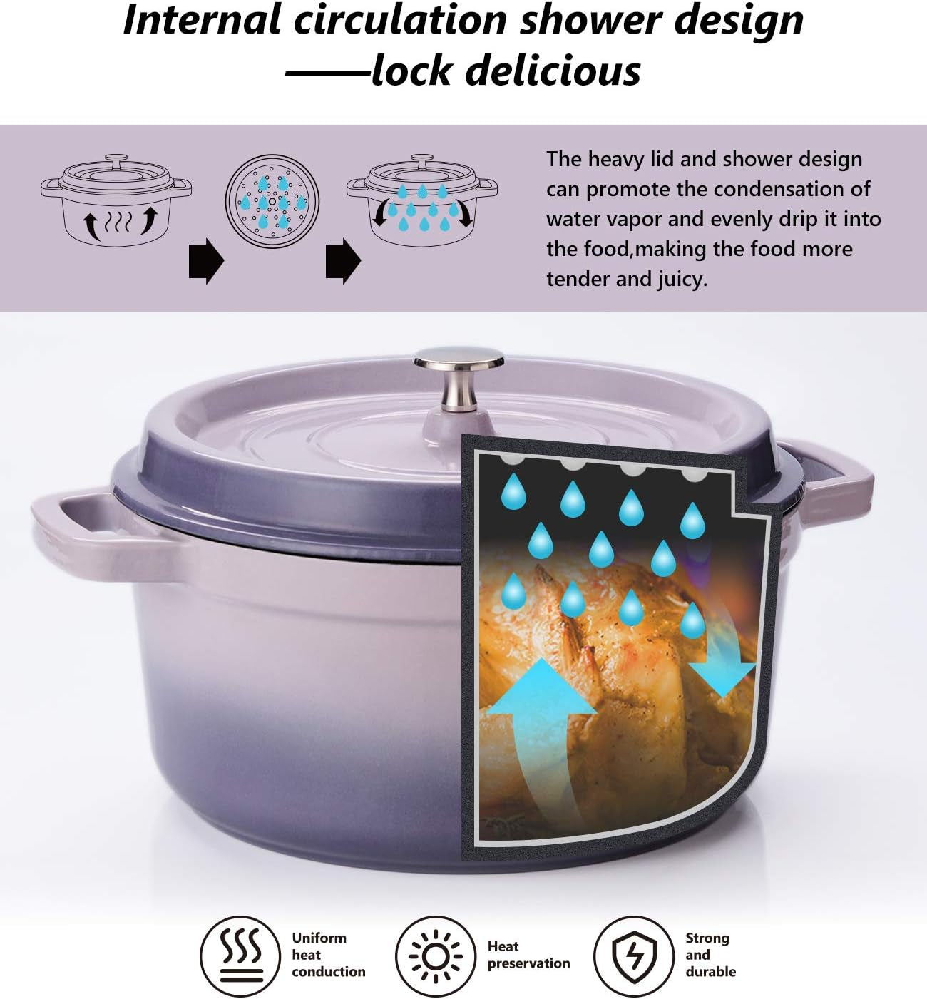 6 Quart White Enameled Cast Iron Dutch Oven with Lid Bread Baking Pot Use on Gas Electric Oven for 6-8 People(Purple)