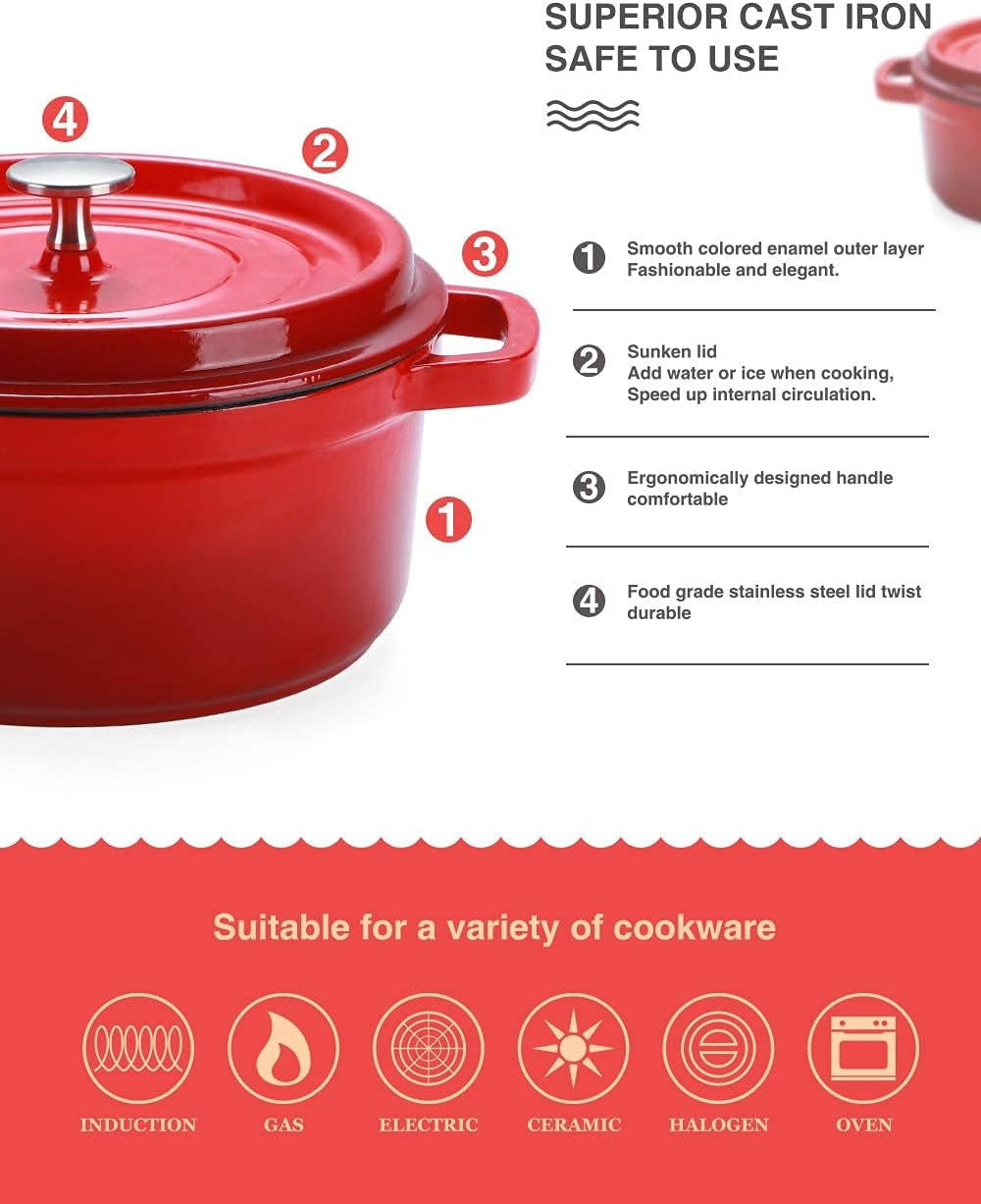 Enameled Cast Iron Dutch Oven Non-Stick Bread Baking Pot with Lid Suitable for Bread Baking Use on Gas Electric Oven 5 Quart, Red