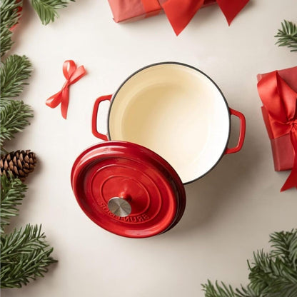 Pre-Seasoned Enameled Cast Iron Dutch Oven with Lid and Handle - 5.2 Quart Heavy-Duty Casserole Dish for Versatile Cooking, Baking, and Braising - Oven Safe and Durable Round Pot - Red