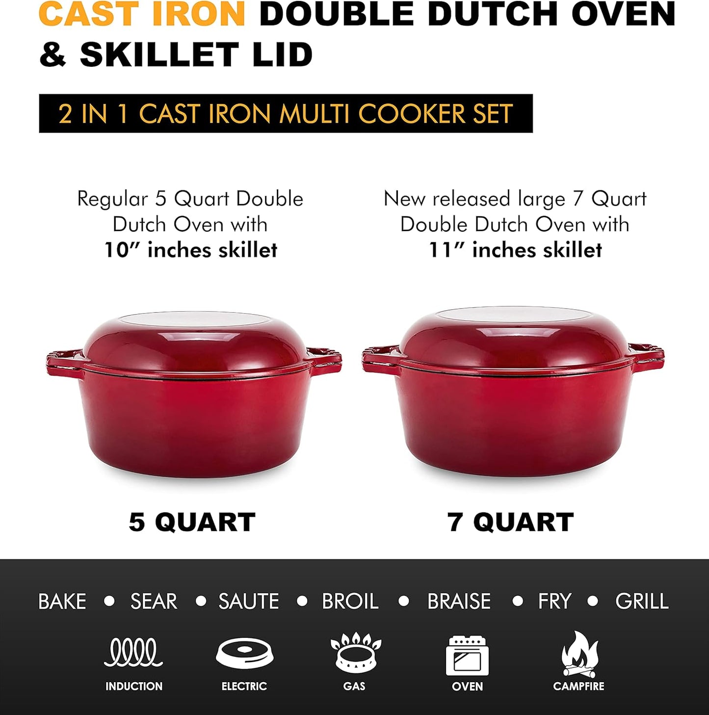 2-in-1 Enamel Cast Iron Dutch Oven with Skillet Lid - 7 Quart Red Crock Pot for Casseroles and Braising