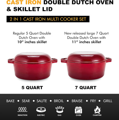 2-in-1 Enamel Cast Iron Dutch Oven with Skillet Lid - 7 Quart Red Crock Pot for Casseroles and Braising