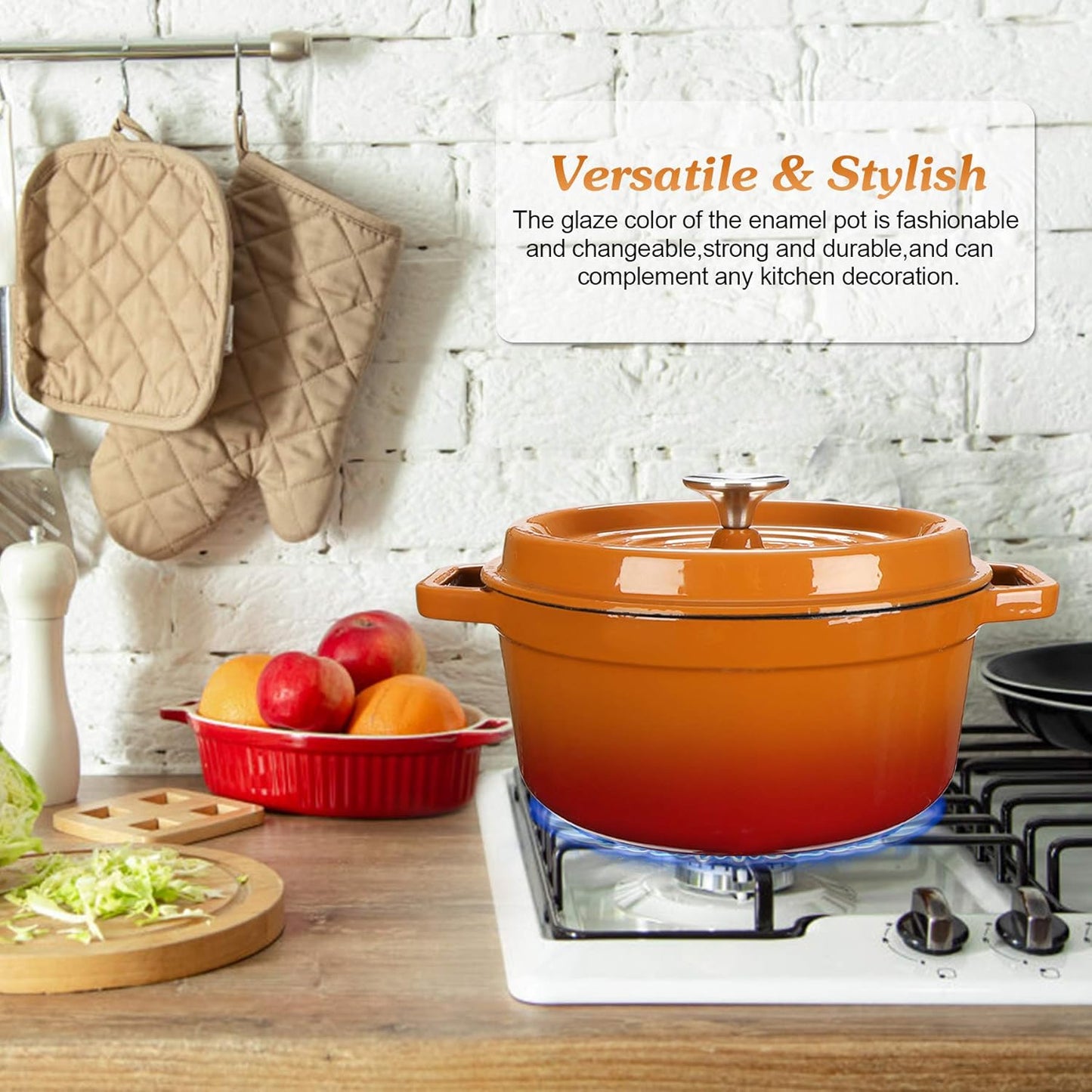 Enameled Cast Iron Dutch Oven Bread Baking Pot with Lid (4QT, Orange)