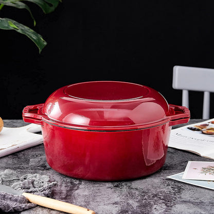 2-in-1 Enamel Cast Iron Dutch Oven with Skillet Lid - 7 Quart Red Crock Pot for Casseroles and Braising