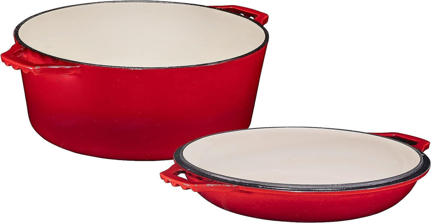 2-in-1 Enamel Cast Iron Dutch Oven with Skillet Lid - 7 Quart Red Crock Pot for Casseroles and Braising