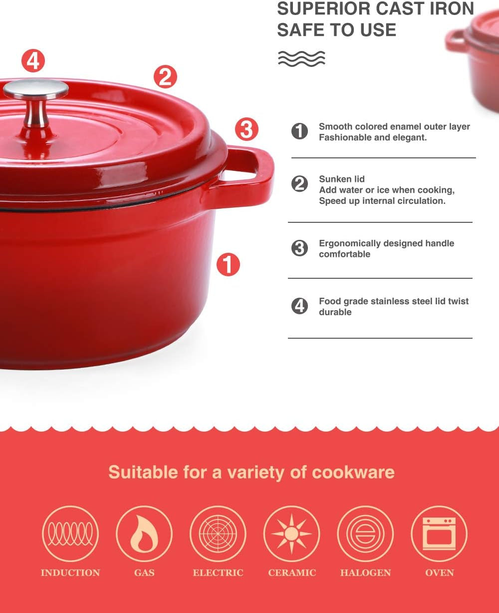 Enameled Cast Iron Dutch Oven Non-Stick Bread Baking Pot with Lid Suitable for Bread Baking Use on Gas Electric Oven 6 Quart, Red