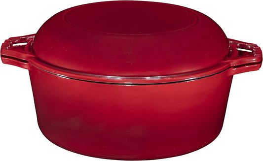 2-in-1 Enamel Cast Iron Dutch Oven with Skillet Lid - 7 Quart Red Crock Pot for Casseroles and Braising