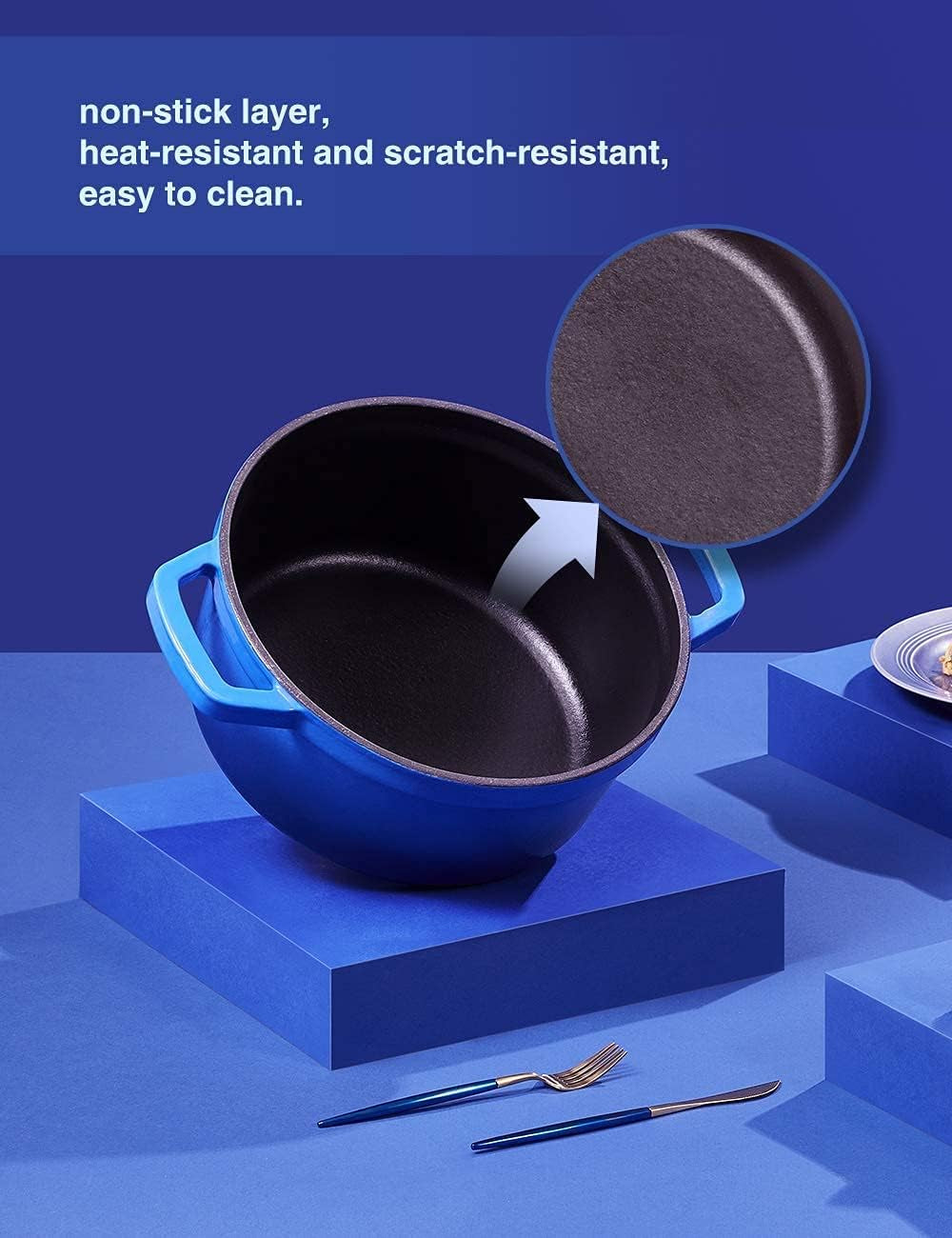 Enamel-Coated Non-Stick Cast Iron Dutch Oven with Lid, 3 Quart Capacity, Ideal for Bread Baking, Compatible with Gas and Electric Ovens, Dark Blue