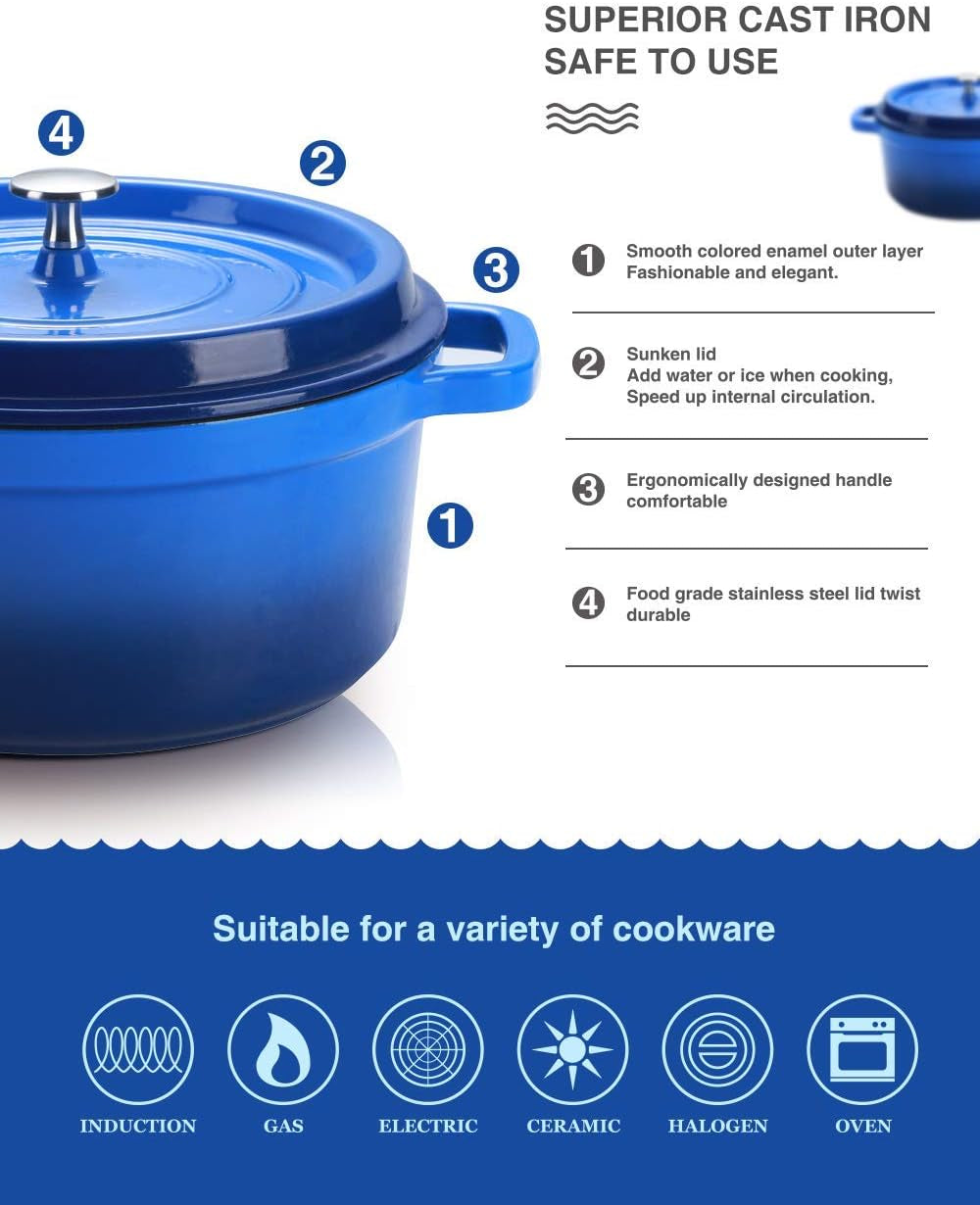 Enamel-Coated Non-Stick Cast Iron Dutch Oven with Lid, 3 Quart Capacity, Ideal for Bread Baking, Compatible with Gas and Electric Ovens, Dark Blue