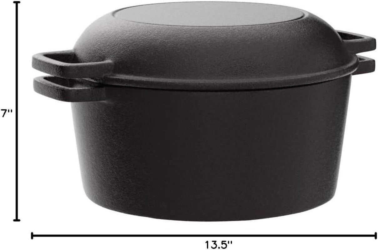 Pre-Seasoned 2-In-1 Cast Iron Dutch Oven with Skillet Lid - 5 Quart Black Crock Pot for Versatile Cooking and Casserole Dishes