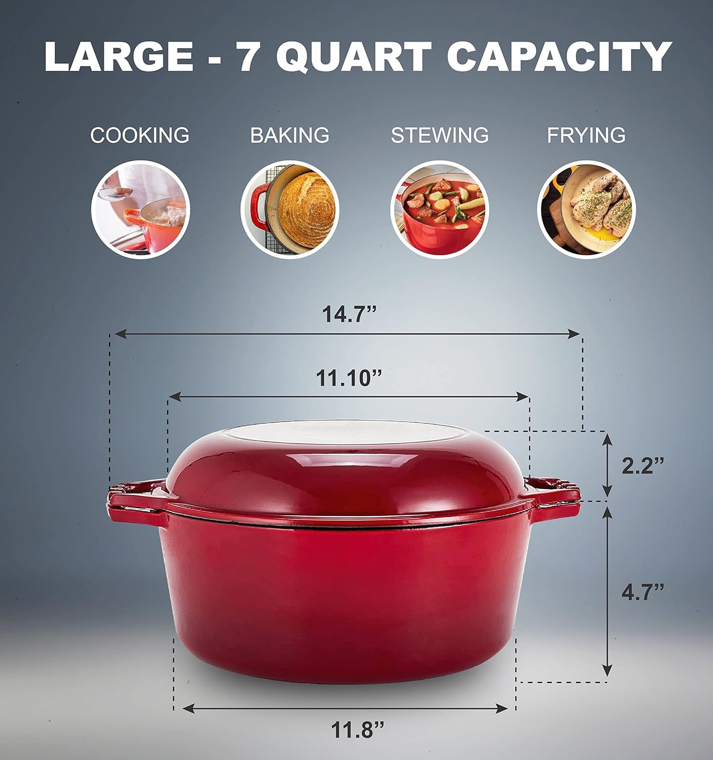 2-in-1 Enamel Cast Iron Dutch Oven with Skillet Lid - 7 Quart Red Crock Pot for Casseroles and Braising