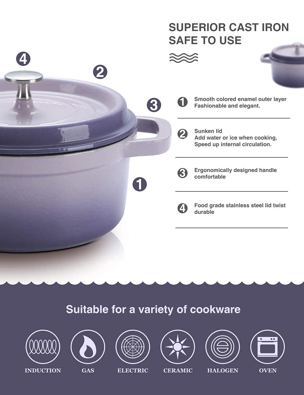 Enamel Coated Non-Stick Cast Iron Dutch Oven with Lid - 1.5 Quart, Ideal for Bread Baking on Gas or Electric Ovens, Serves 1-2 People (Purple)