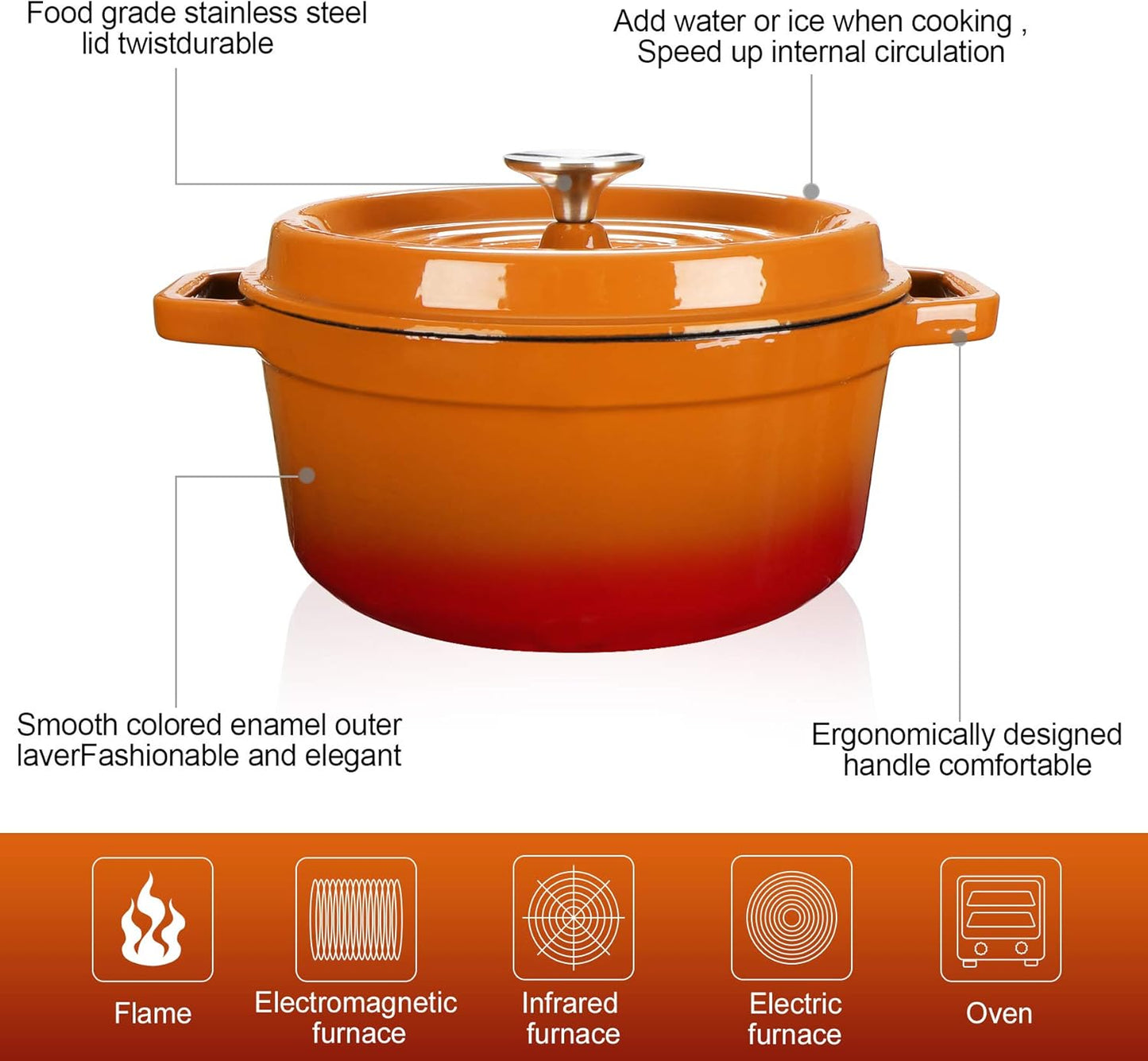 Enameled Cast Iron Dutch Oven Bread Baking Pot with Lid (4QT, Orange)