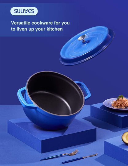 Enamel-Coated Non-Stick Cast Iron Dutch Oven with Lid, 3 Quart Capacity, Ideal for Bread Baking, Compatible with Gas and Electric Ovens, Dark Blue